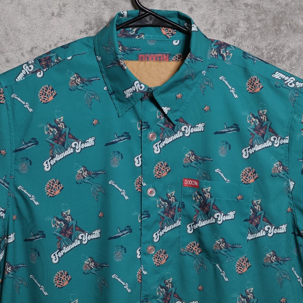 Dixxon Flannel Company Mens Large Blue Green Fortunate Youth Mermaid Camp Shirt